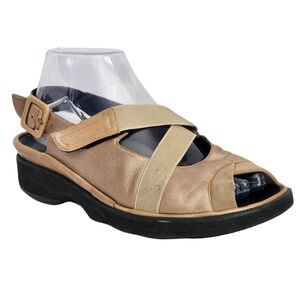 THIERRY RABOTIN Tan Peep Toe Slingback Mary Jane Sandals Elastic Strap 37.5 7